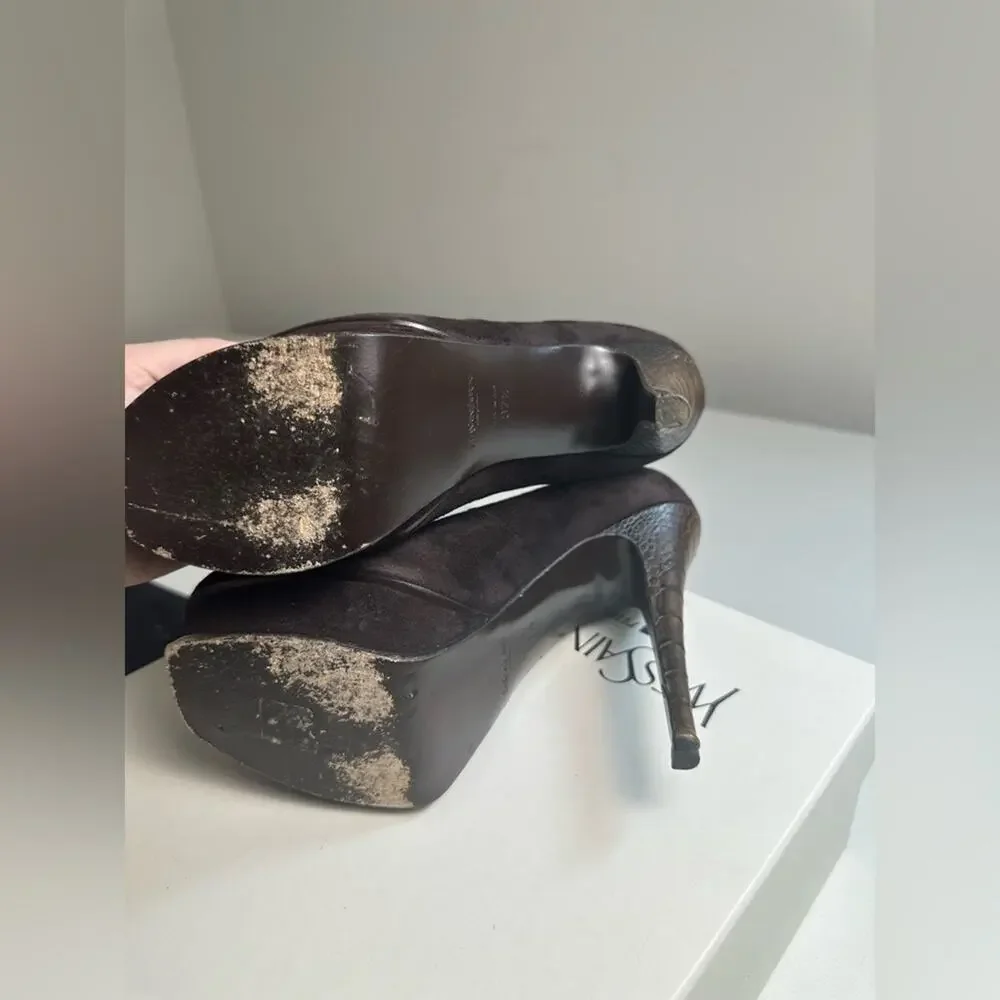 Saint Laurent Tribute YSL 105 Suede‎ Ostrich Platform Heels Size 7.5 Brown